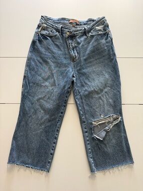 Judy Blue Light Blue Distressed Cropped Dad Jeans with Crossover Waist